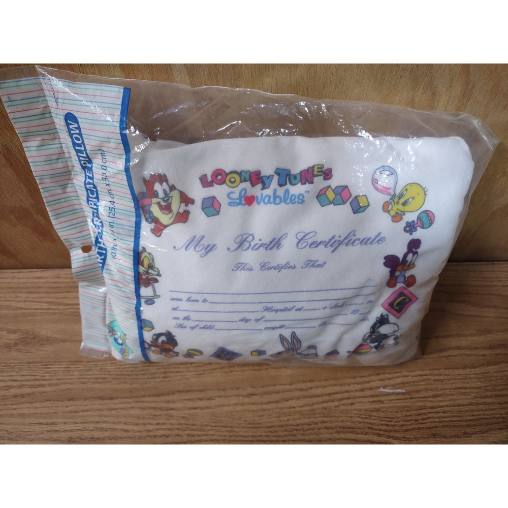 Vintage 1997 Baby Looney Tunes Birth Certificate Pillow Gerber Lovables 10x13
